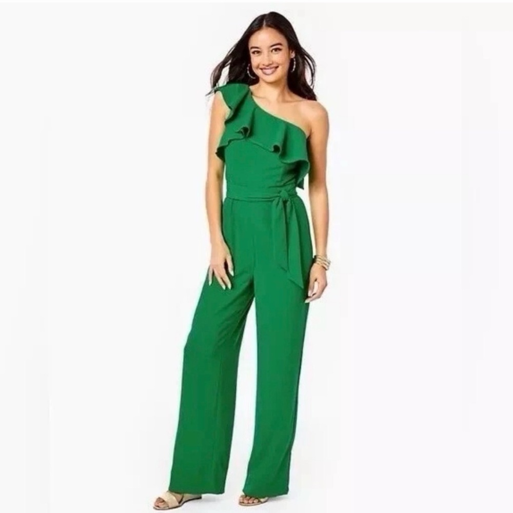 Lily Pulitzer Lyra in Fern Gully Green One-Shoulder Jumpsuit